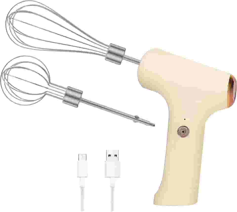 Mini Batedeira Portátil Recarregável USB C – 5 Velocidades, Silenciosa, com 2 Batedores Inox, Compacta e Sem Fio