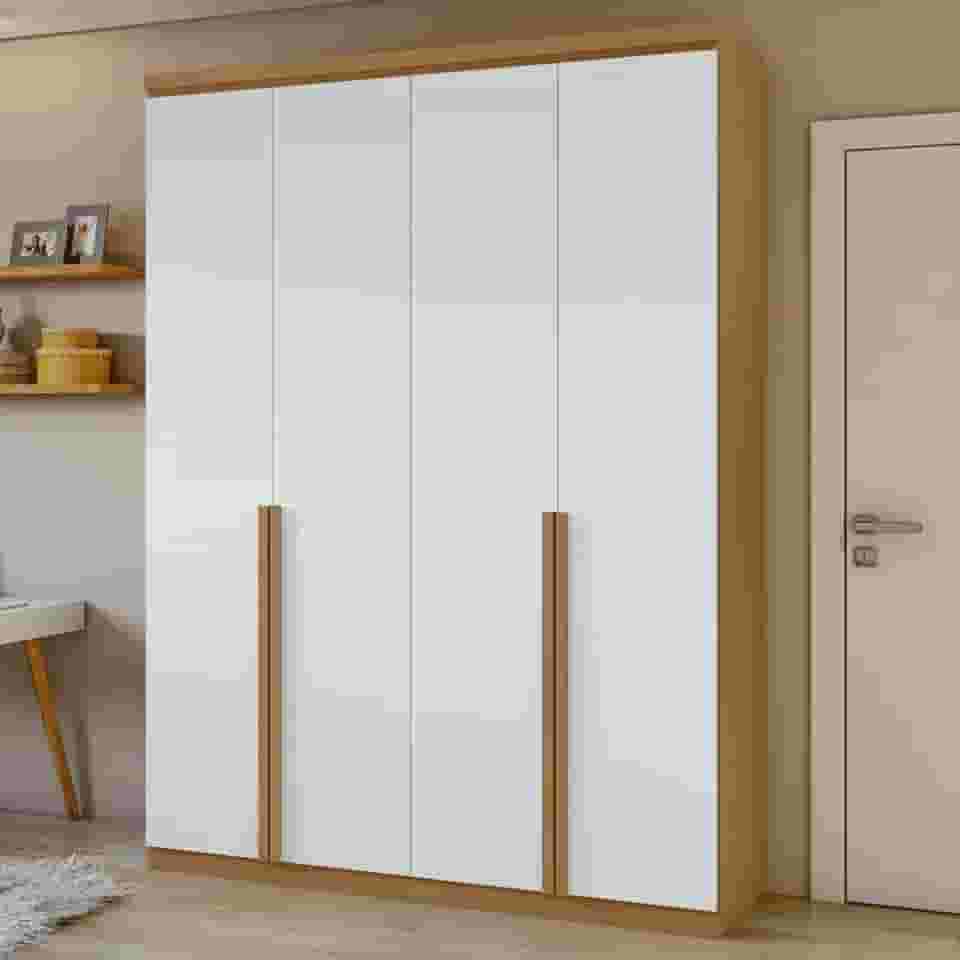 Guarda Roupa Solteiro 4 Portas 2 Gavetas Alonzo Móveis Lopas Amêndoa Clean/branco