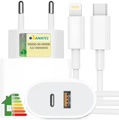 Carregador Turbo 40W Compatível iPhone X Xr 8 11 12 13 14 Plus Pro Max iPad Duas Entradas USB e USB-c Tipo C Com Cabo Tipo C Lightning Carga Rápida Tecnologia POWER DUO