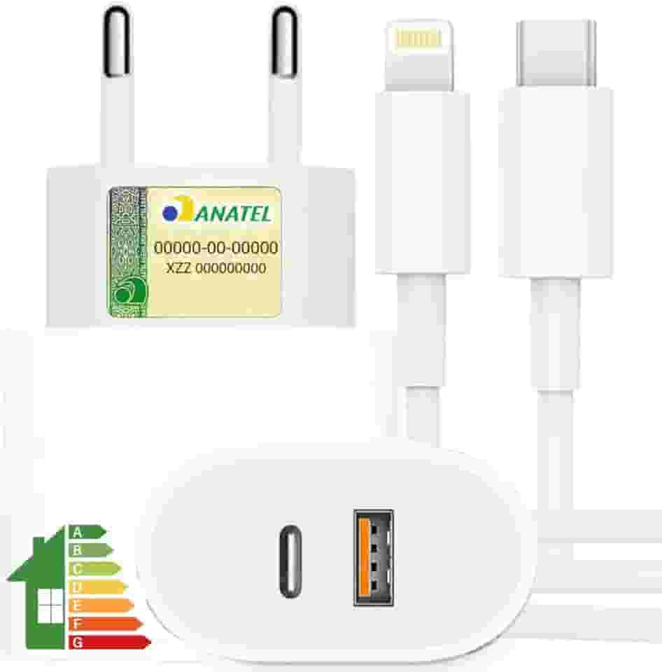 Carregador Turbo 40W Compatível iPhone X Xr 8 11 12 13 14 Plus Pro Max iPad Duas Entradas USB e USB-c Tipo C Com Cabo Tipo C Lightning Carga Rápida Tecnologia POWER DUO