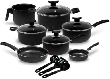 Jogo de Panelas 10 Peças Preto Antiaderente c/Tampa de Vidro e Utensílios