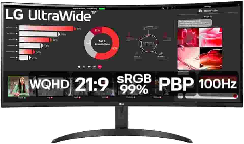 Monitor LG UltraWide Curvo - Tela VA de 34',2K WQHD 3440 x 1440, 21:9, sRGB 99%, HDR10, PBP, OnScreen Control, Modo Leitura e Flicker Safe, 100Hz, AMD FreeSync™ - 34WR50QC-B