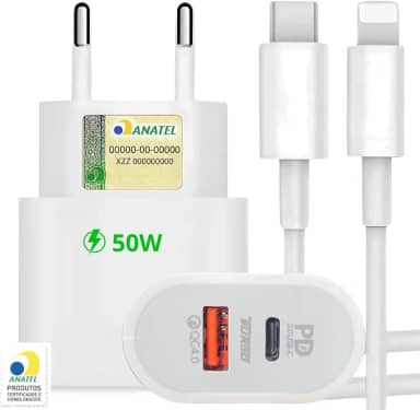 Carregador Turbo 50W + Cabo Compatível i.Phone - i.Phone X Xr 8 11 12 13 14 Plus Pro Max lPad, Duas Entradas USB e USBC, Fonte Tipo C + Cabo Lightnig - Kit Carregador Turbo 50W