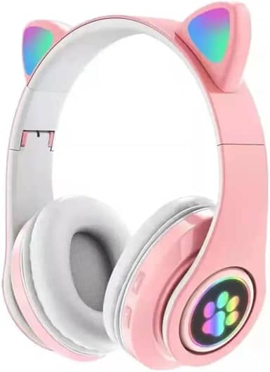 Fone De Ouvido Com Orelha de Gatinho Infantil Headphone Bluetooth com Luzes RGB nas orelhinhas e patinhas para crianças tamanho ajustável dobrável (Rosa/Branco)