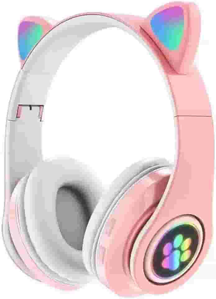 Fone De Ouvido Com Orelha de Gatinho Infantil Headphone Bluetooth com Luzes RGB nas orelhinhas e patinhas para crianças tamanho ajustável dobrável (Rosa/Branco)