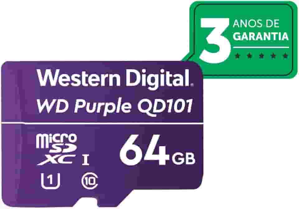 Cartão de Memória Com 3 anos de Garantia Micro SD 64GB WD Purple Intelbras