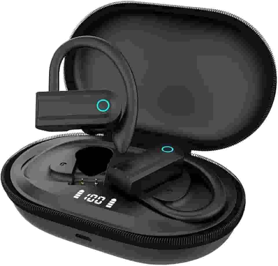 Fone de Ouvido com bateria de longa duração, Bluetooth Esportivo, Gancho de Orelha, com Microfone, Display Digital, Estojo de Carregamento, Preto