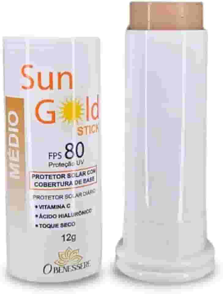 Protetor Solar em Bastão FPS 80 Sun Gold Stick - Toque Seco, Cobertura Natural, Vitamina C - O Benessere Nutrition | Cor: Médio | 12 gramas |