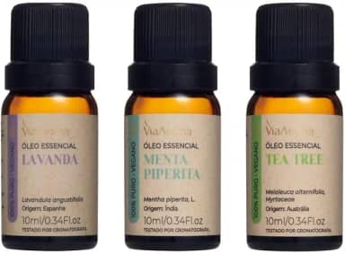 Kit 3 Óleos Essenciais Via Aroma - Lavanda, Menta Piperita e Tea Tree