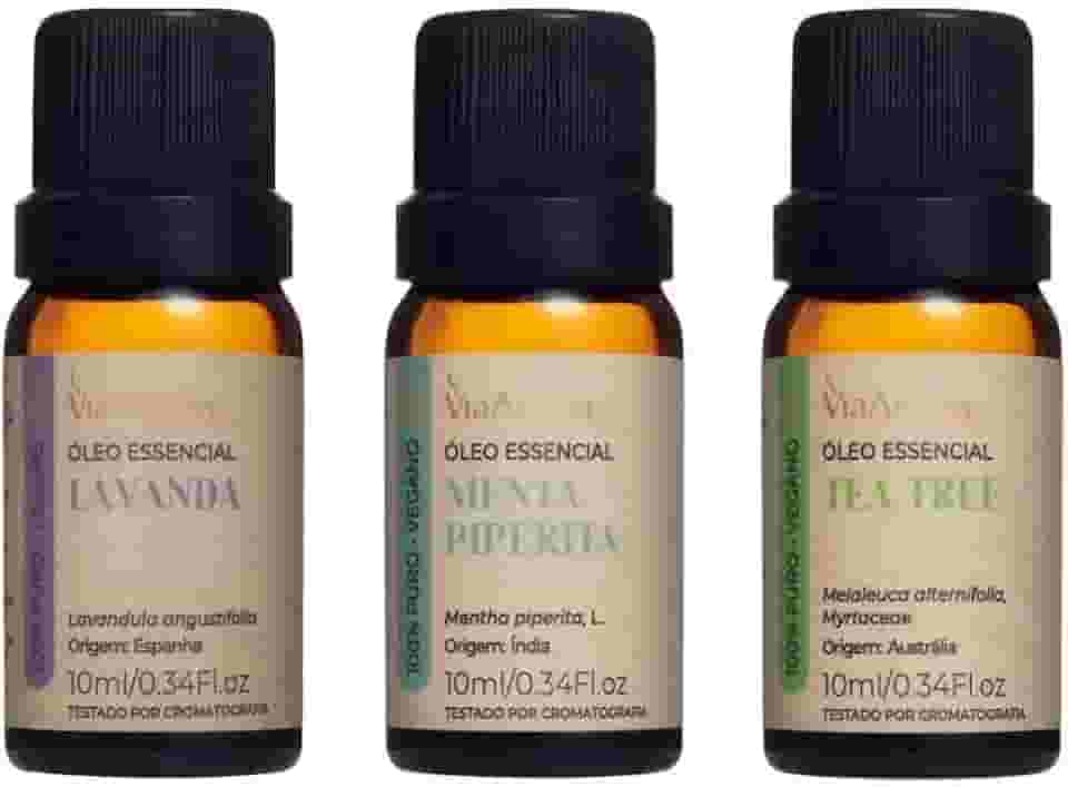Kit 3 Óleos Essenciais Via Aroma - Lavanda, Menta Piperita e Tea Tree