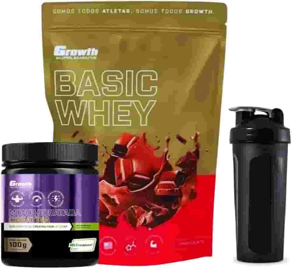 Combo Whey Protein 1kg Chocolate + Creatina Alta Pureza100g + Coqueteleira - Growth