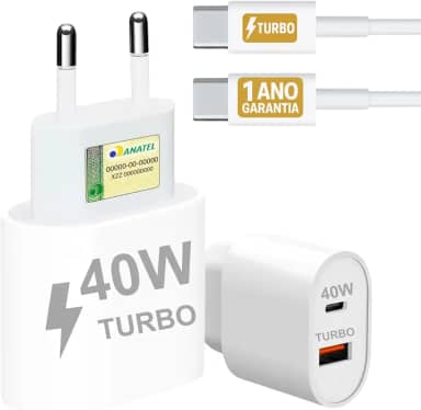 Carregador Turbo 40W Compatível iPhone 17 Air 17 Pro 17 Pro Max 16 16 Pro 16 Pro Max 15 15 Pro 15 Max iPad iOS Cabo USB-C Celular Tipo-C Duas Saídas USB-A Rápida PD Ultra Resistente Original 10CLICK®