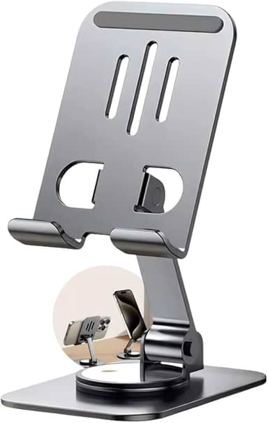 Suporte de Celular de Mesa Universal em Aluminio Premium - Base Estável Antiderrapante, Ajustável, Articulado com Giro 360°, Dobrável e Leve