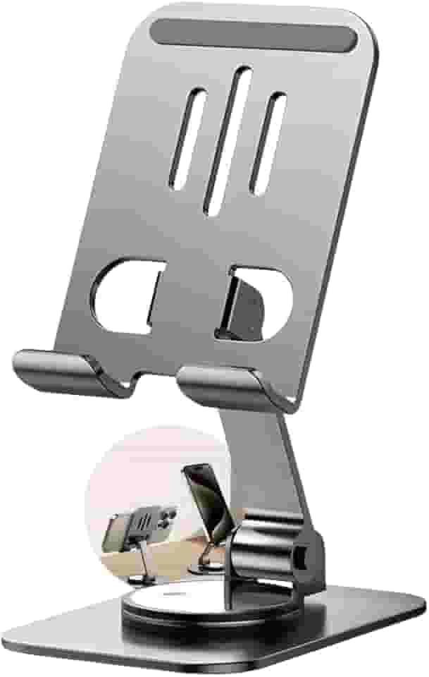 Suporte de Celular de Mesa Universal em Aluminio Premium - Base Estável Antiderrapante, Ajustável, Articulado com Giro 360°, Dobrável e Leve