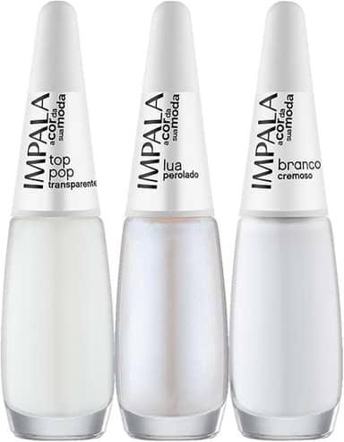 IMPALA Kit Francesinha, 3 Esmaltes 7.5ml, Top Pop Transparente, Lua Perolado, Branco Cremoso, para Manicure Profissional
