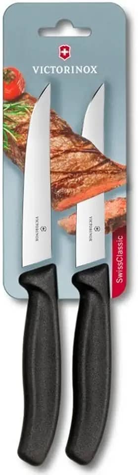 Conjunto com 2 facas Swiss Classic Victorinox de mesa para churrasco com lâmina lisa, cabo Preto, 12cm