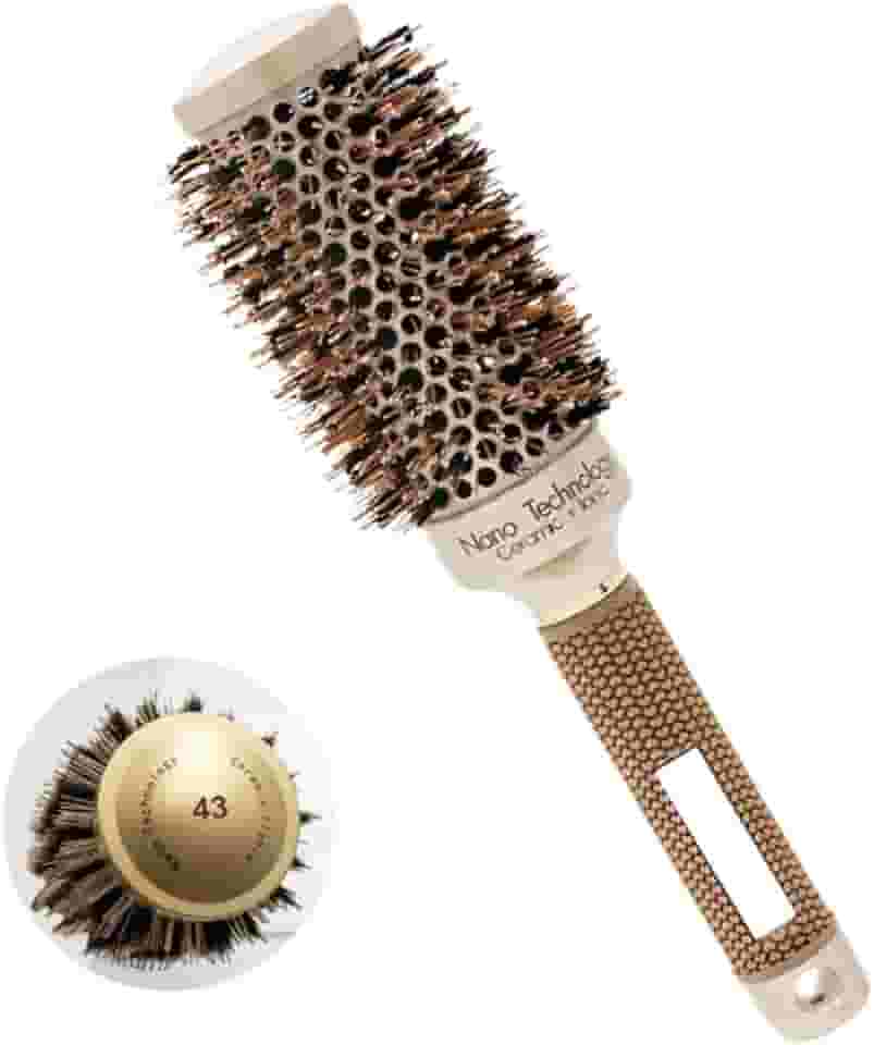 Escova Térmica Cerâmica 43mm com Cerdas de Javali, Tecnologia Iônica e Nano, Cabo Emborrachado, Resistente a Altas Temperaturas, Ideal para Secador, Alisar, Modelar e Reduzir Frizz