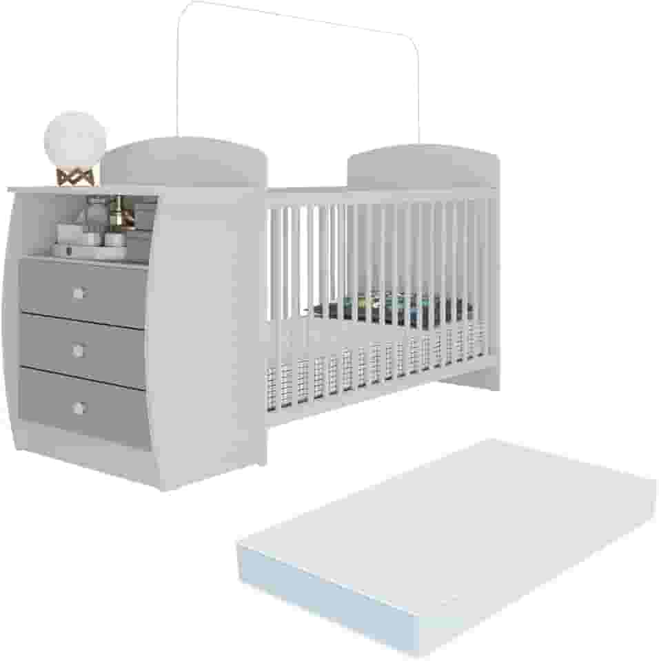 Berço Cômoda Multifuncional Colinho de mãe com colchão incluso Multimóveis Branco/Cinza