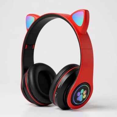 Fone de Ouvido Infantil Bluetooth com Orelhas de Gato, Luzes RGB, Dobrável, Ajustável, Conforto Prolongado e Conectividade Multiuso (Vermelho)