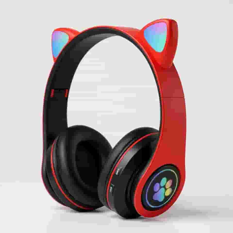 Fone de Ouvido Infantil Bluetooth com Orelhas de Gato, Luzes RGB, Dobrável, Ajustável, Conforto Prolongado e Conectividade Multiuso (Vermelho)