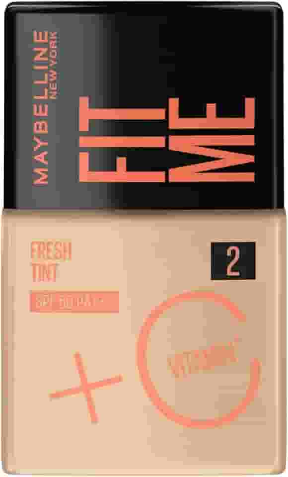 Maybelline NY Fit Me Fresh Tint Base Líquida, Proporciona Efeito Glow Natural, Controla a Oleosidade e Uniformiza a Pele com Vitamina C e FPS 50, Cor 02, 30ml
