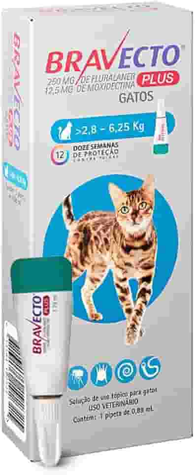 Bravecto® Plus Gatos Transdermal 250mg - Antipulgas, Sarna de ouvido, Vermes intestinais - Gatos de 2,8 a 6,25kg - 1 Pipeta 0,89ml - MSD Saúde Animal