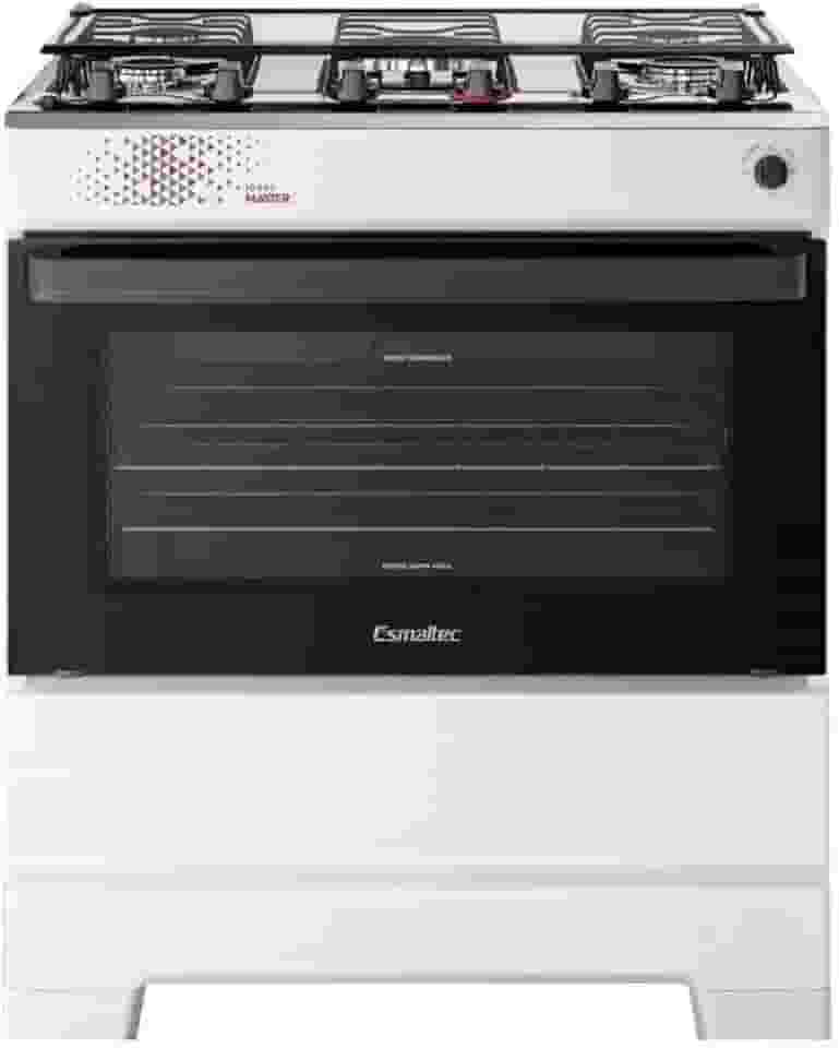 Fogão Esmaltec 5 Bocas Ideal Master Mesa Inox Tampa de Vidro Forno 84 Litros Branco T5ITB Bivolt
