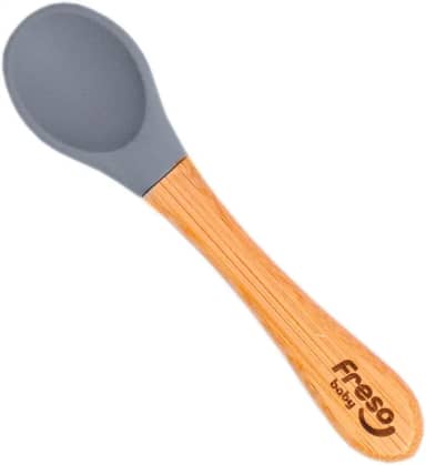 Freso Baby Colher Alimentação de Bebê Silicone Livre BPA Atóxico e Bambu Biodegradável Introdução Alimentar BLW Talher Infantil Treinamento, cor Cinza