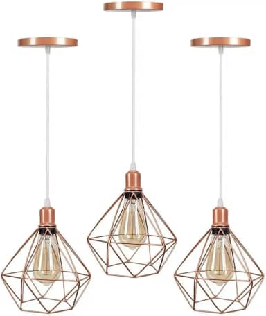 Kit 3 Lustre Pendentes Luminárias de Teto Modelo Diamante Rose Gold