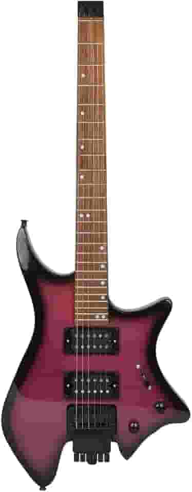 Guitarra elétrica, roxa, com gola dupla, metal, sem cabeça, com alto-falantes