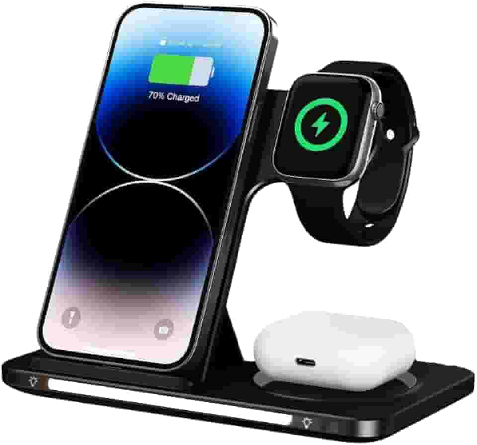 Carregador Sem Fio Rápido, Indução, Wireless, 3 em 1, 15W Dobrável, Estação de Carregamento Compatível com iPhone Apple Watch AirPods com LED KAIDI KNC9097