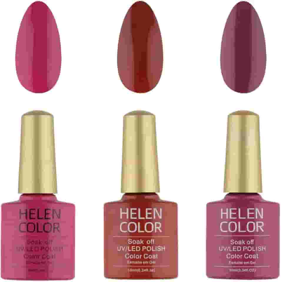 HELEN COLOR Esmalte em Gel UV/LED, Kit com 3 Cores Rosa e Vermelho, Soak Off Polish, 10ml cada