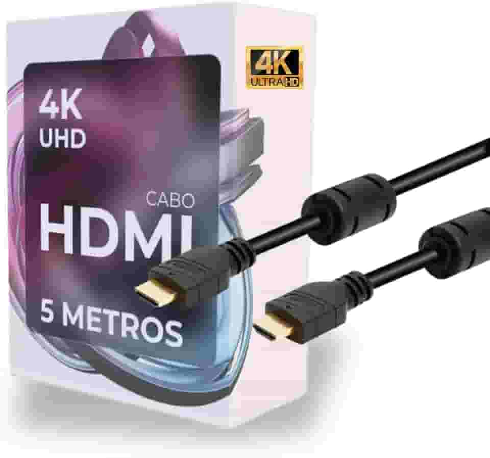 Cabo HDMI 2.0 4K Ultra HD 5 Metros Blindado Alta Velocidade Comprido Grande Longo Para TV Monitor PS5 Xbox PC Notebook Som Projetor - Imagem Nítida - 5m Golden Ouro Com Filtro