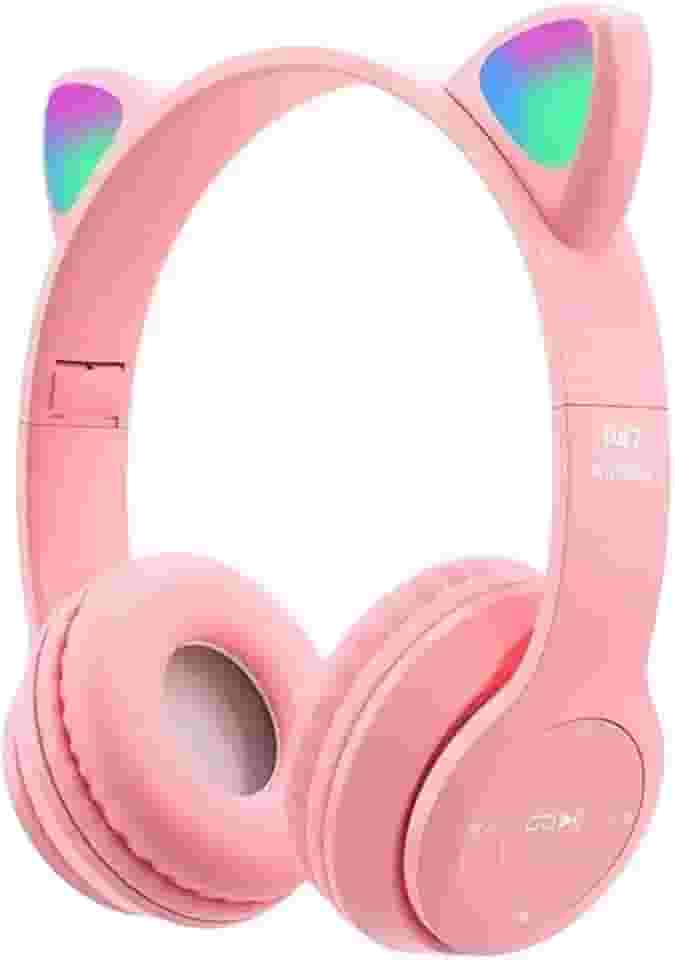 Fone De Ouvido Com Orelha de Gatinho Cat Ear Headphone Bluetooth com Luzes RGB para crianças e adultos (Rosa)