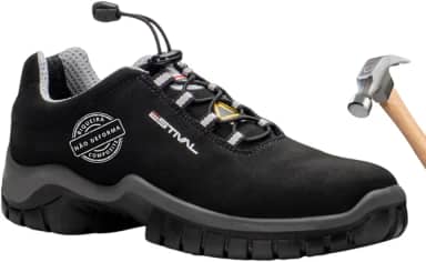 EN1002 Bota De Segurança Masculina - Preto E Cinza, Cano Baixo, Solado Bidensidade PU Amortecedor, Biqueira Composite, Forro Tecido Aerospacer 3D, Cadarço Elástico, Cabedal Microfibra Resistente a Água
