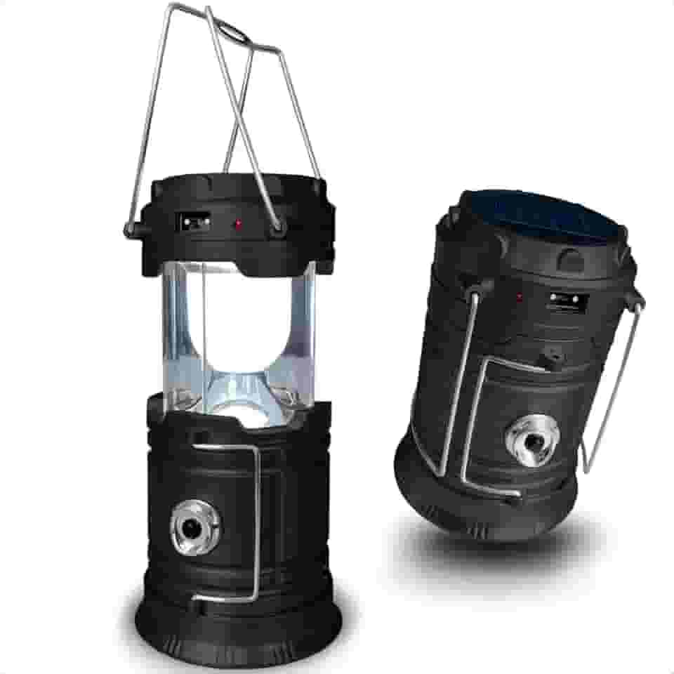 Lampião Retrô de Camping Lanterna LED 2 em 1 Recarregável com Luz Solar Luminária Portátil de Multiuso para Acampamento Pesca Trilhas com Carregador USB de Design Premium (Preto)