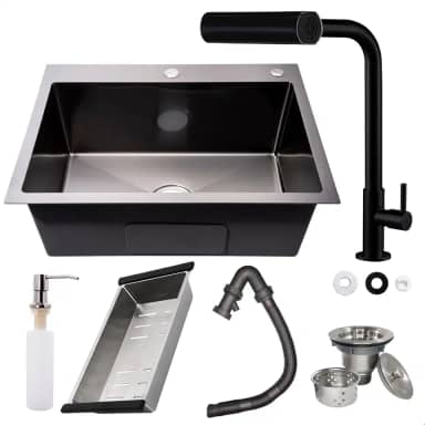 SOFTINOX Kit Cuba de Cozinha Inox 304 60x45, Preta Fosco, Embutir ou Sobrepor, Com Acessórios + Torneira Gourmet 4 Jatos
