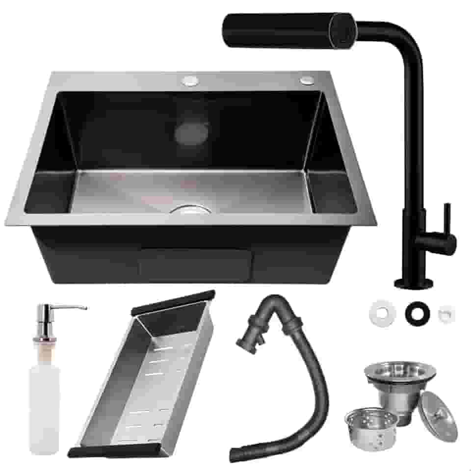 SOFTINOX Kit Cuba de Cozinha Inox 304 60x45, Preta Fosco, Embutir ou Sobrepor, Com Acessórios + Torneira Gourmet 4 Jatos