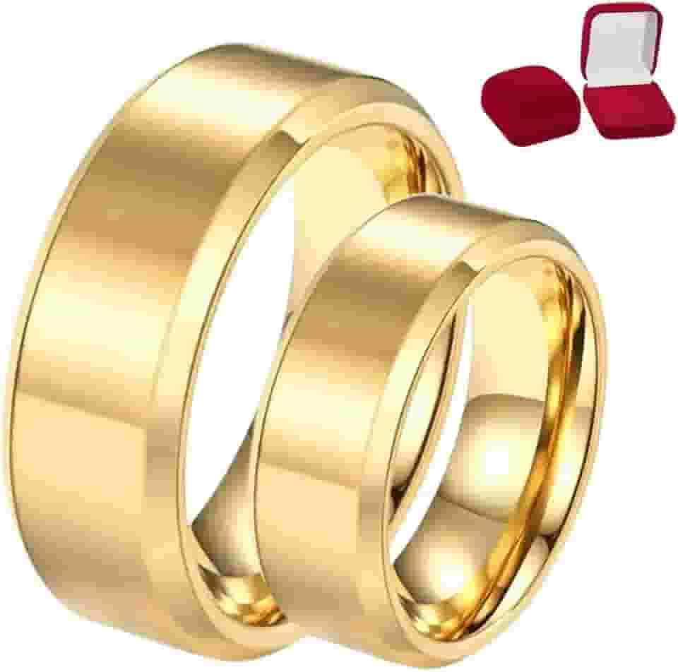 Par Aliança Tungstênio 8mm Chanfrada Banhado a Ouro 18K Com Estojo Luxo