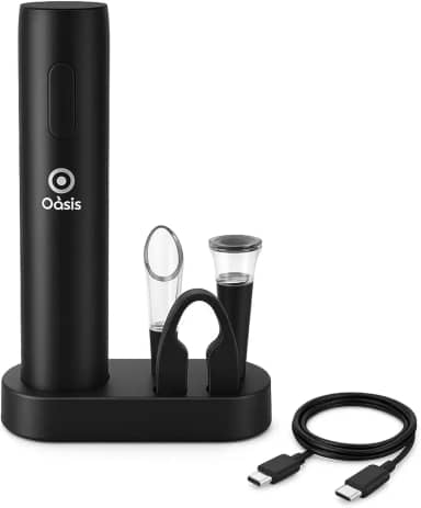 Abridor de Vinho Elétrico Recarregável USB Type-C com Base e Acessórios – Kit Completo com Cortador, Tampas a Vácuo e Bico Dosador – Oásis Market OIH-2403 (Preto)