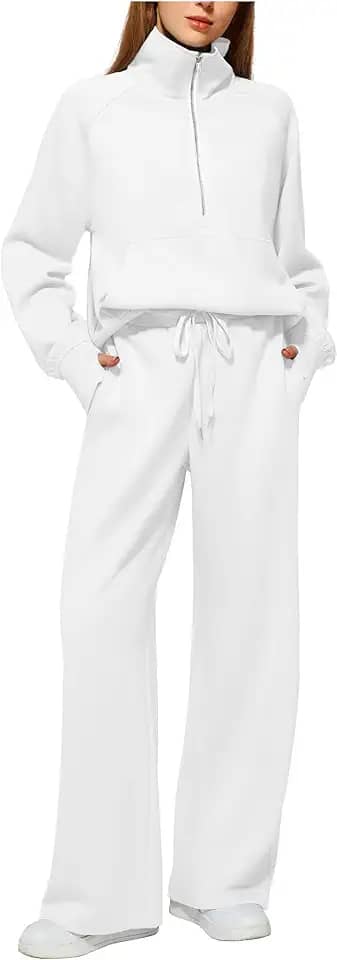 Conjunto casual feminino de moletom com meio zíper, calça de moletom de perna larga