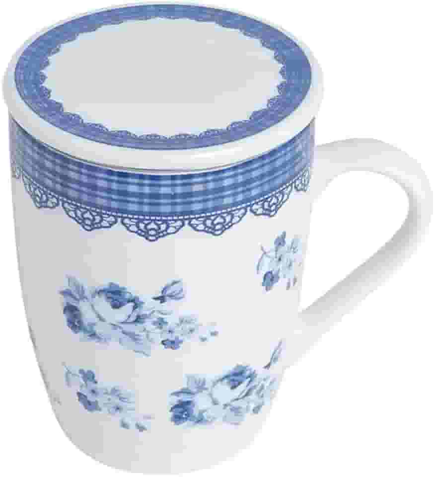 LYOR - Caneca de Porcelana Super White com Tampa e Filtro Grécia Azul/Branca 340ml