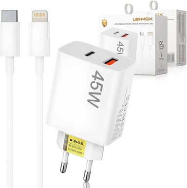 Carregador Iphone Super Turbo 45W - 2 Saídas USB-C e USB-A, acompanha Cabo Lightning Emborrachado de 1M Ultra Rapido (Tipo-C para IOS), Compatível com iPhone 8 ao 14 - Certificado ANATEL