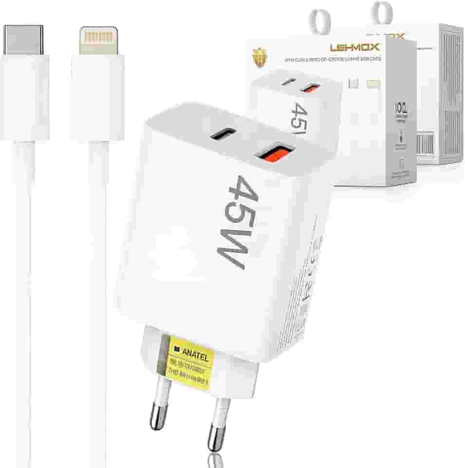 Carregador Iphone Super Turbo 45W - 2 Saídas USB-C e USB-A, acompanha Cabo Lightning Emborrachado de 1M Ultra Rapido (Tipo-C para IOS), Compatível com iPhone 8 ao 14 - Certificado ANATEL