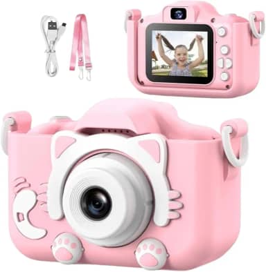 Câmera Digital Infantil Gatinho Recarregável | Bateria recarregável USB | Gravação de Fotos e Vídeos HD | Design Seguro e Resistente | Antichoque | Presente Educativo e Divertido - Rosa