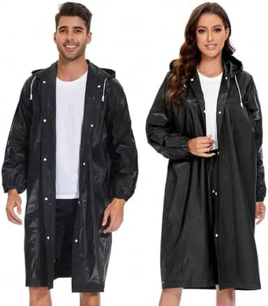 Poncho de chuva reutilizável de EVA para adultos, capa de chuva com capuz impermeável com mangas para homens e mulheres, leve e portátil, Preto, Tamanho Único