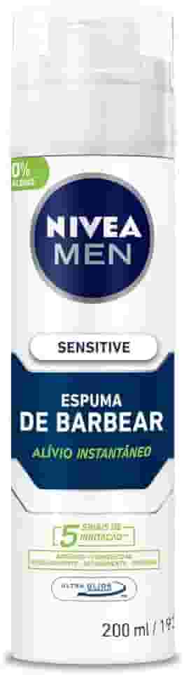NIVEA MEN Espuma de Barbear Sensitive - Para peles sensíveis, alivia vermelhidão, com extrato de camomila e vitamina E, deslizamento suave da lâmina, reduz irritações, textura em espuma - 200ml