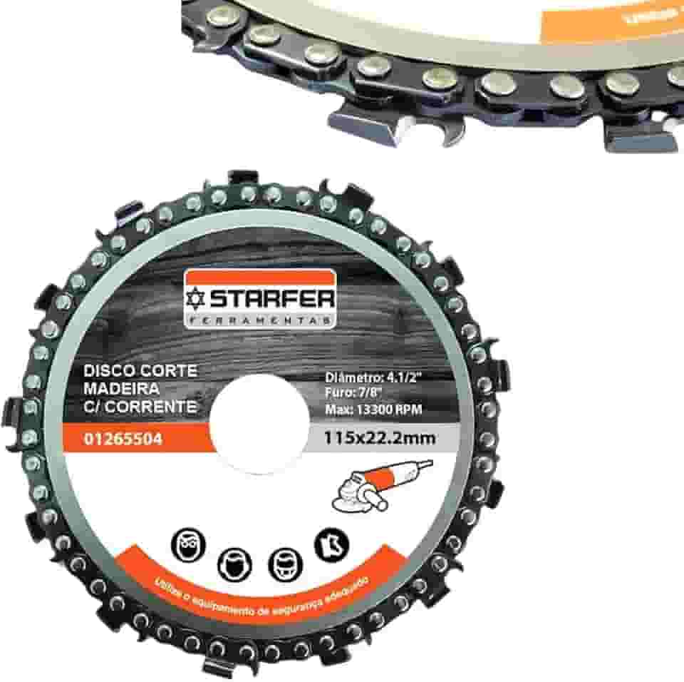 Disco de Corte 4.1/2' com Lâmina Corrente Motosserra para Madeira Esmerilhadeira 13 Dentes Starfer 13300RPM
