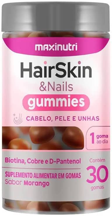 HairSkin & Nails Gummies Maxinutri, Suplemento em Gomas Sabor Morango com Biotina, Cobre e D-Pantenol, 30 Gomas
