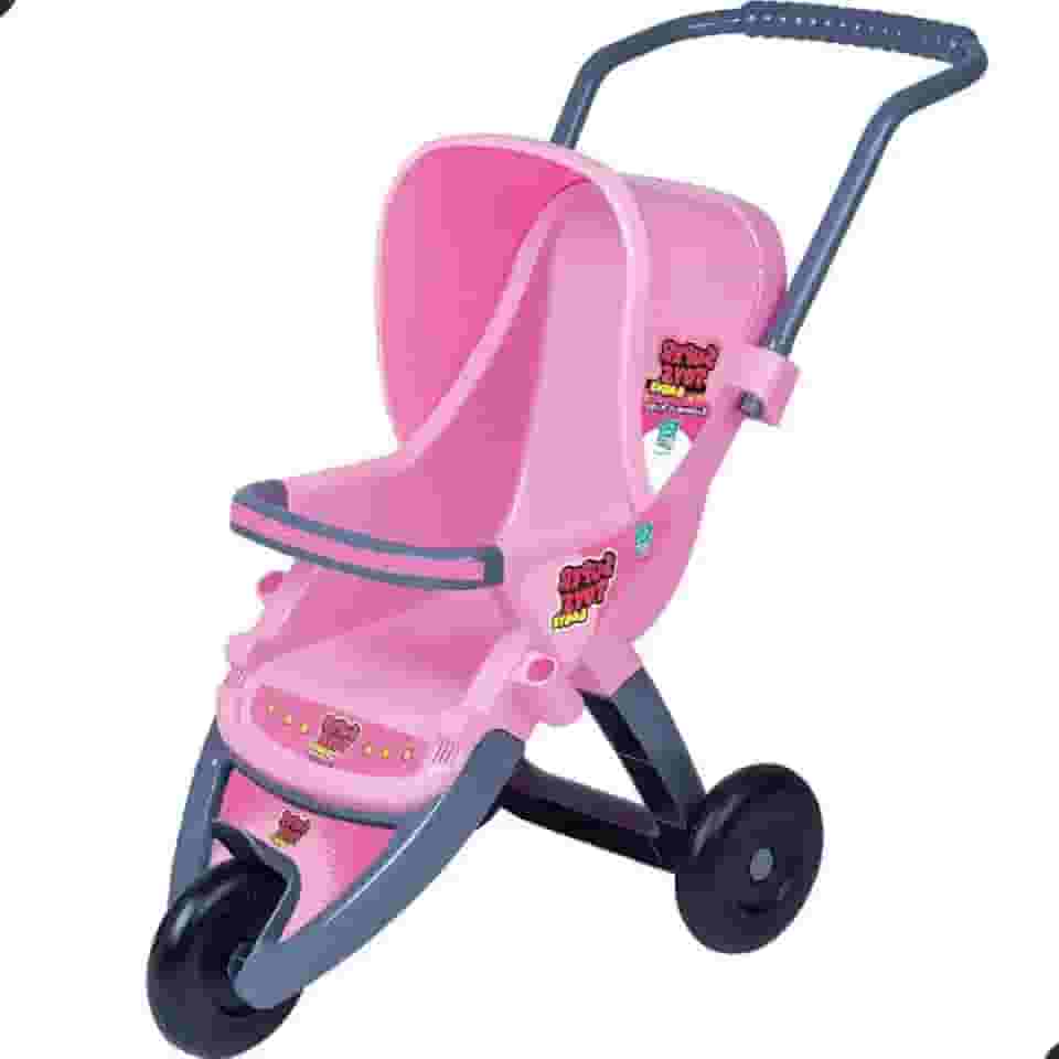Carrinho De Boneca Rosa C/Alça E 03 Rodas Passeio Meninas